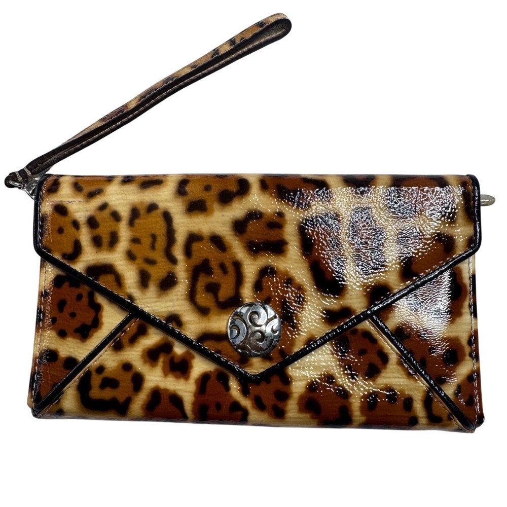 Brighton Leopard Print Patent Leather Wristlet Wallet Gold Interior Concho Snap